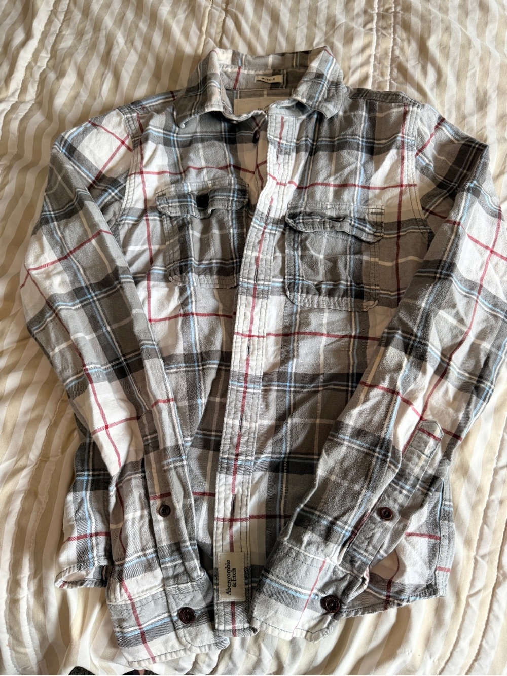 Y2K Abercrombie & Fitch White, Gray & Red Plaid Button-Down Shirt